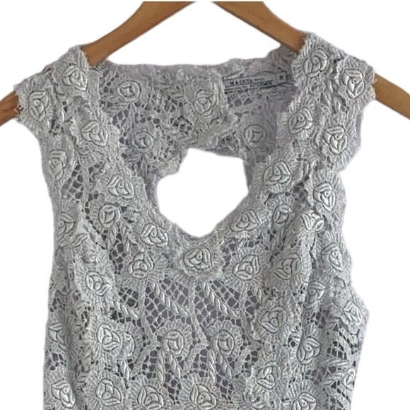 M & Guia Brazil Silver Gray Metallic Embroidered Lace with Cutout Back Dress - Picture 7 of 12